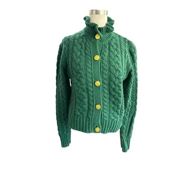 J Crew Cable Knit Cardigan Ruffle Neck Button Front Wool CHRISTMAS Sz small - Picture 3 of 13